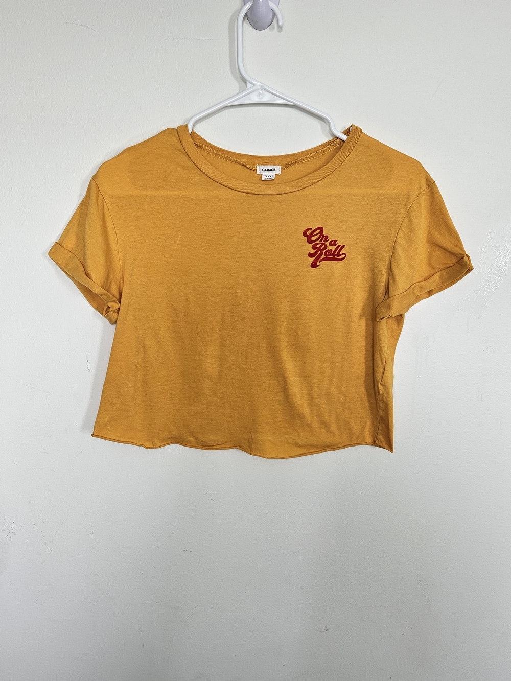 5/35$ 🔥GARAGE Mustard Yellow "On a Roll" Retro Graphic Crop Top Tee XS